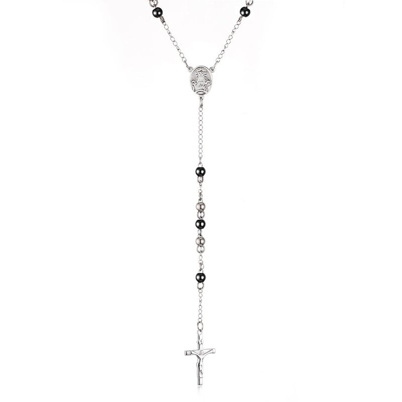 Cottvott Stainless Steel 6mm Beads Rosary Catholic Necklace Holy Medal & Crucifix 32 inch(silver black tone) - Image 4